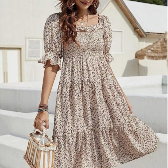 Youngerbaby Women's A-Line Swing Flare Dress - Short Sleeve, Floral Print, Elastic Waist, Midi Length - View #12
